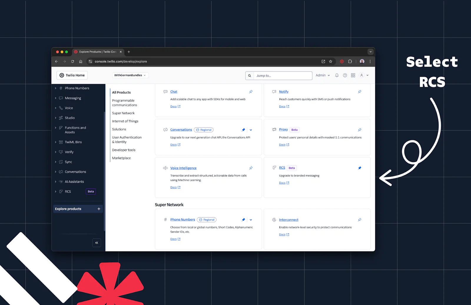 A web dashboard showing communication API options including chat, conversations, voice, app, and RCS A web dashboard showing communication API options including chat, conversations, voice, app, and RCS