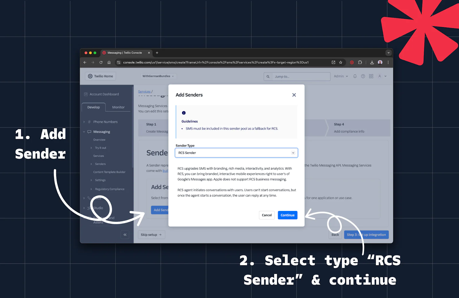 Interface for adding an RCS sender in a messaging platform, with steps and instructions highlighted. Interface for adding an RCS sender in a messaging platform, with steps and instructions highlighted.