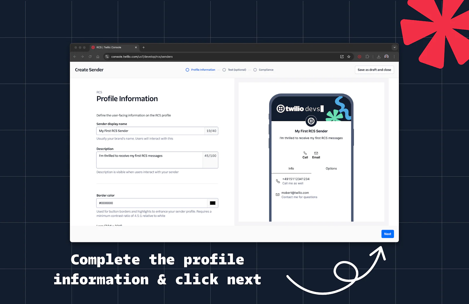Screenshot of Twilio sender profile creation page with fields for sender name, description, and message color. Complete profile step