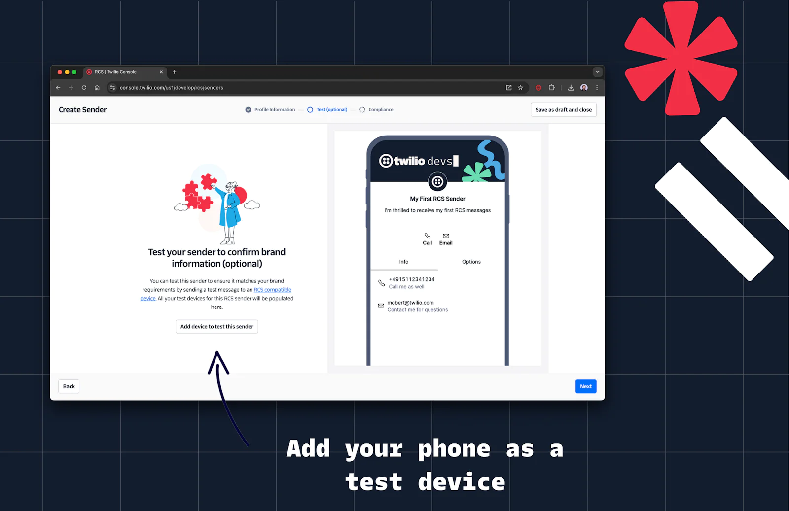 Twilio web page for creating and testing a sender for messaging with a phone illustration and action prompt. Add phone number step