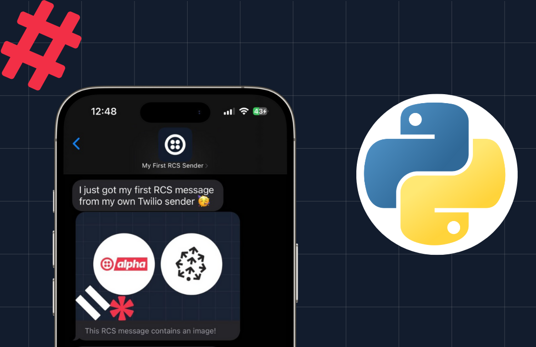 Smartphone screen showing RCS message from Twilio with logos and # symbol on a grid background.