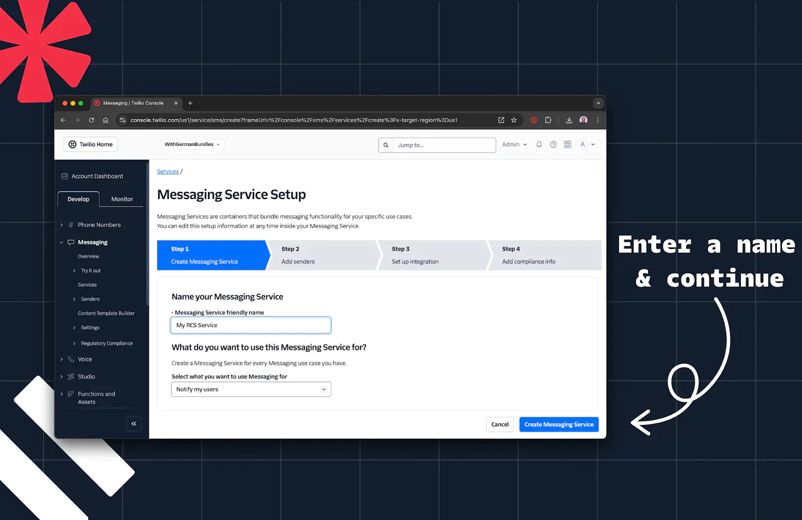 Web interface for setting up a messaging service with fields for the service name and its purpose. Web interface for setting up a messaging service with fields for the service name and its purpose.