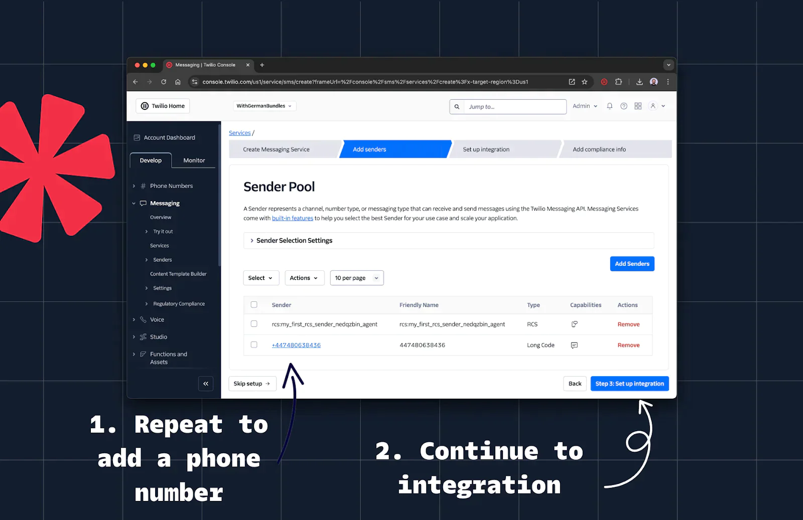 Screenshot of a web interface displaying sender pool options and instructions to add a phone number or continue to integration. Screenshot of a web interface displaying sender pool options and instructions to add a phone number or continue to integration.