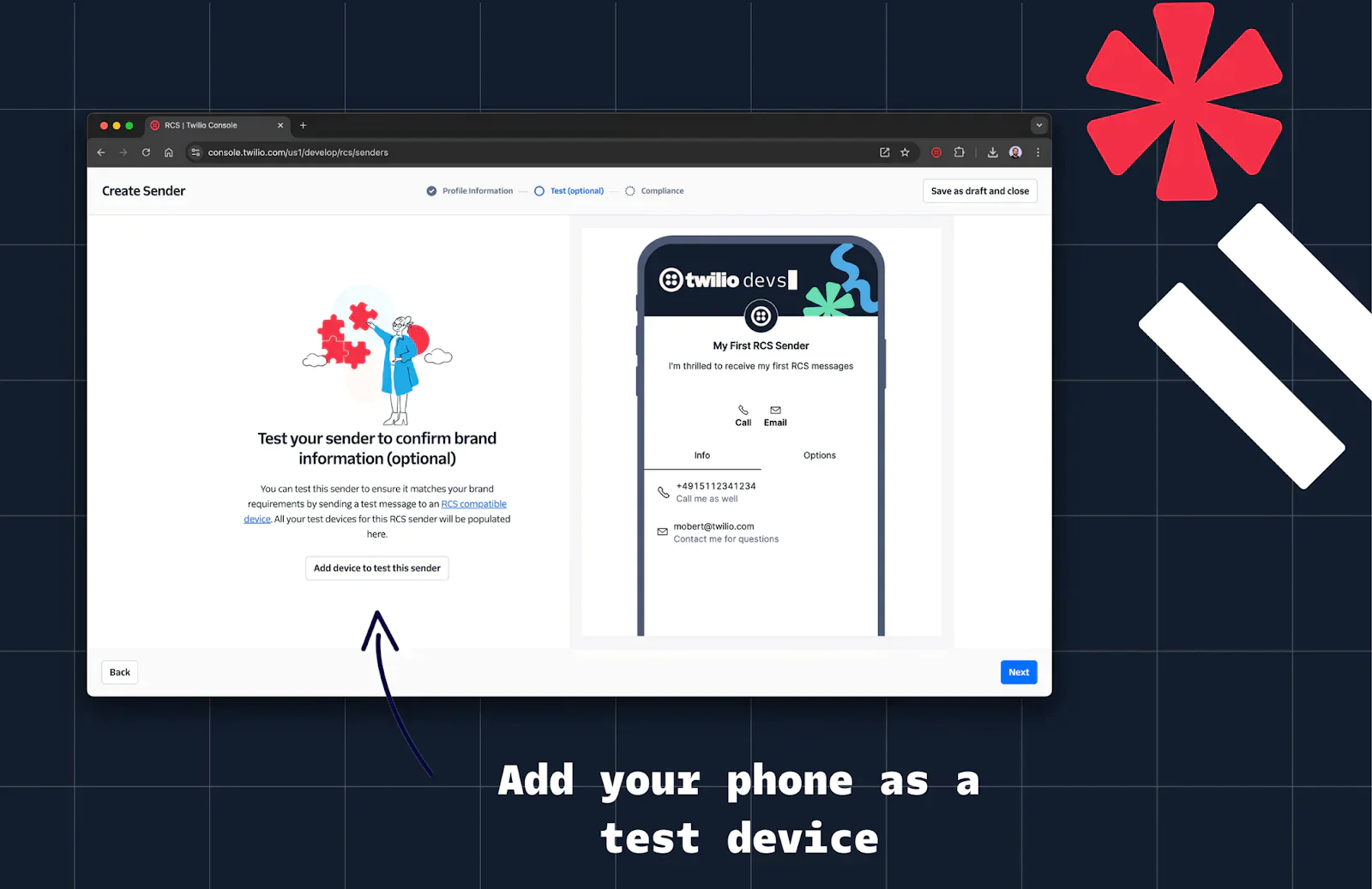 Twilio interface to test sender and confirm brand information, plus option to add a test device. Twilio interface to test sender and confirm brand information, plus option to add a test device.