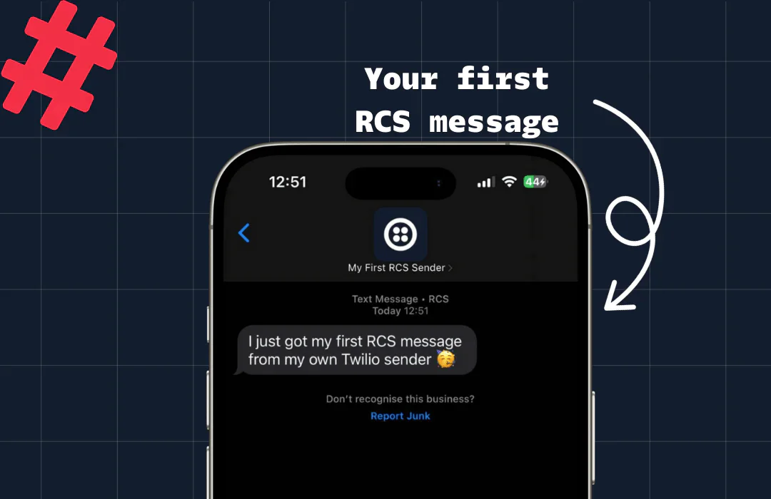 Phone screen showing the first RCS message received from a Twilio sender. Phone screen showing the first RCS message received from a Twilio sender.