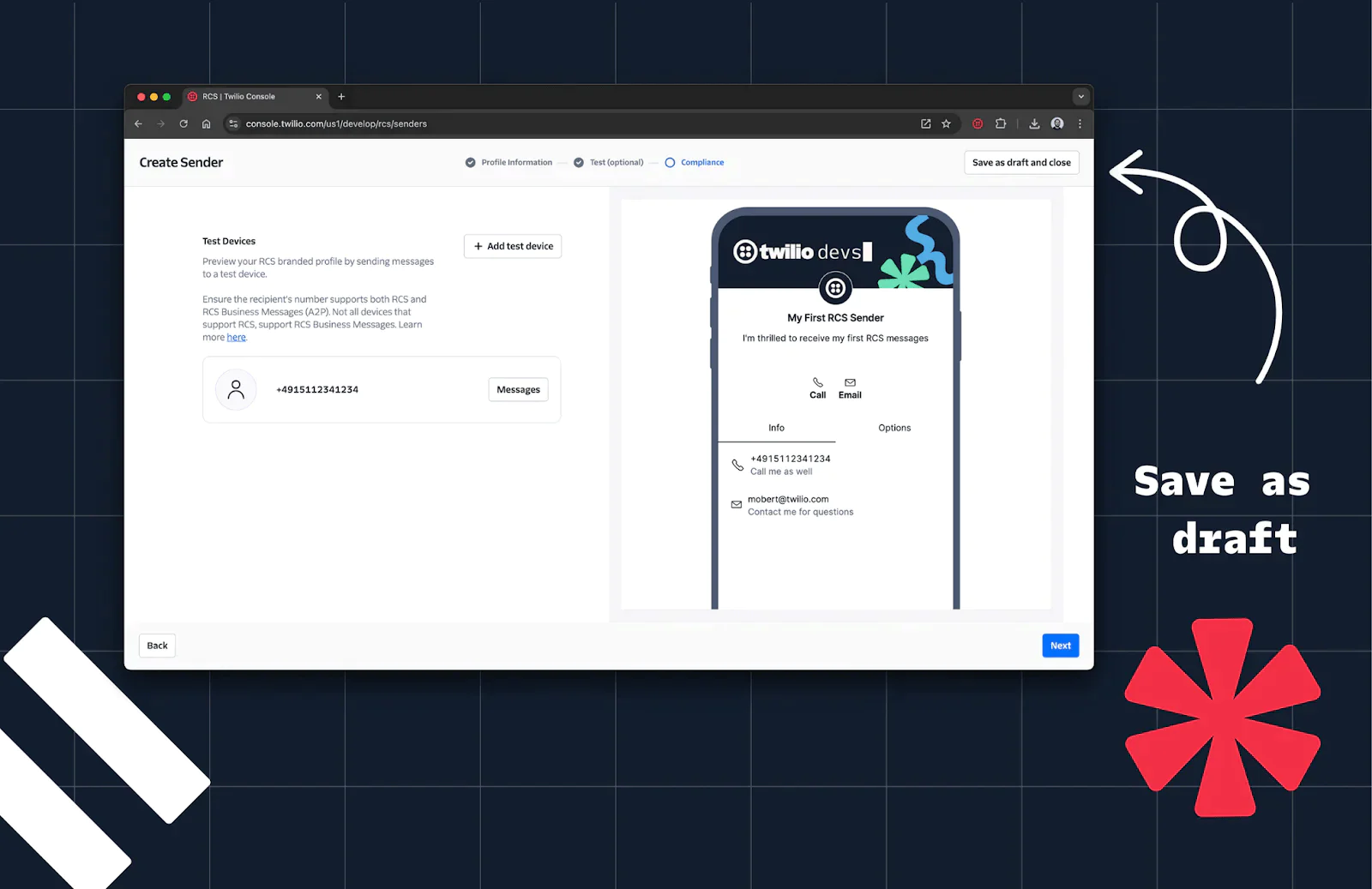 Screenshot of Twilio's Create Sender interface with test device details and message preview. Screenshot of Twilio's Create Sender interface with test device details and message preview.