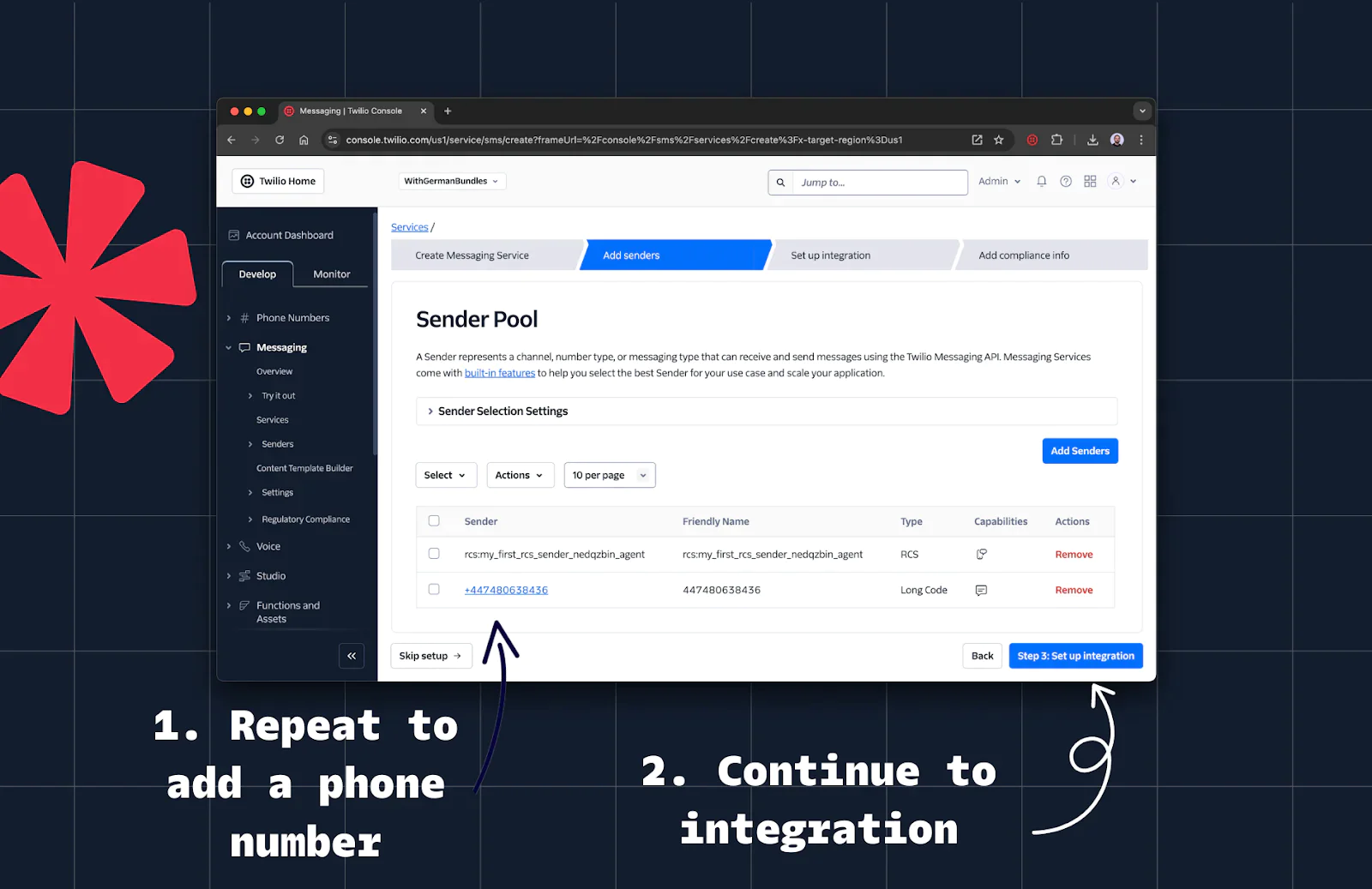 Screenshot of Sender Pool settings and integration steps in a web-based messaging service dashboard. Screenshot of Sender Pool settings and integration steps in a web-based messaging service dashboard.