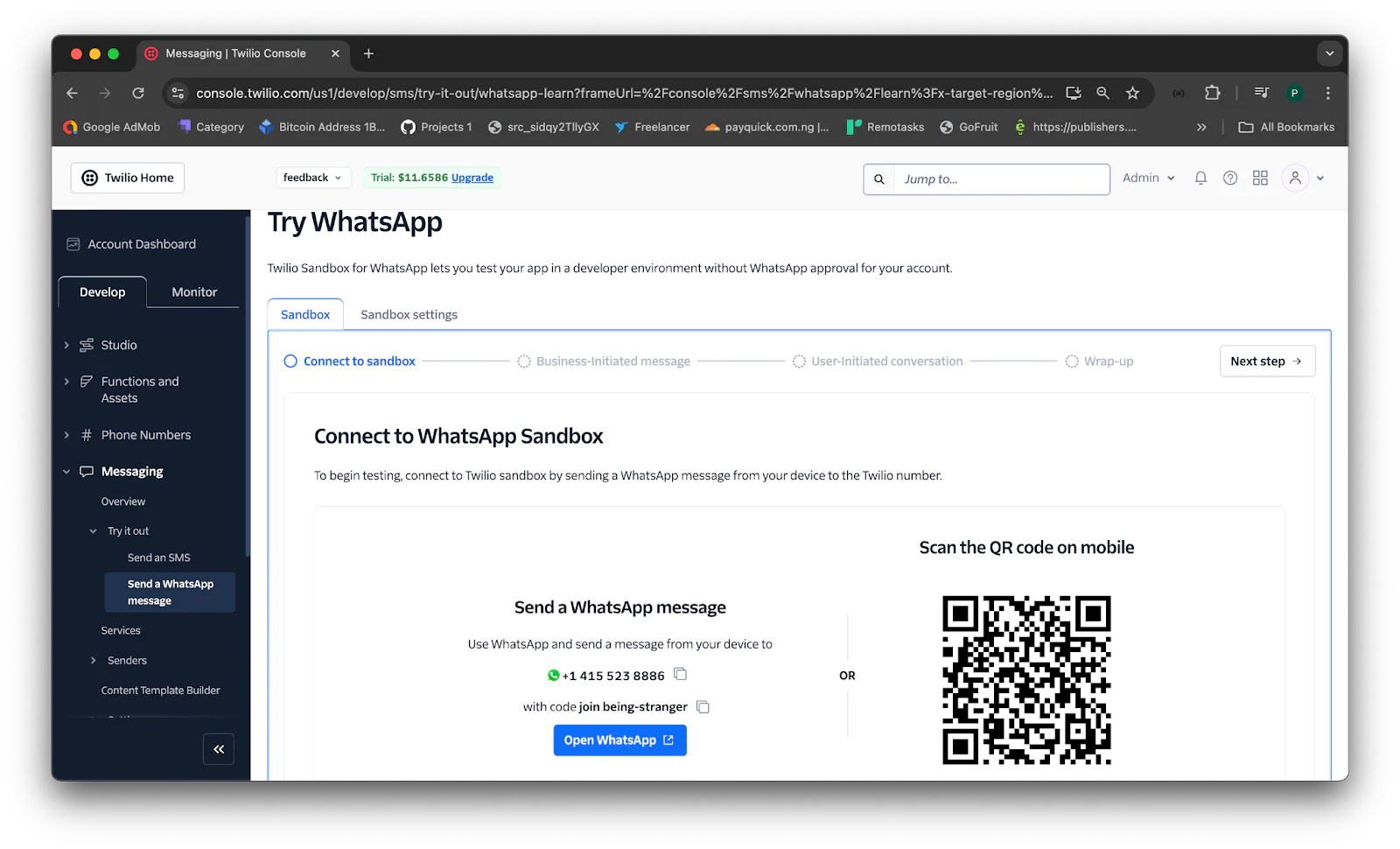 Twilio console screen showing WhatsApp Sandbox connection process with QR code and sandbox settings. Twilio console screen showing WhatsApp Sandbox connection process with QR code and sandbox settings.
