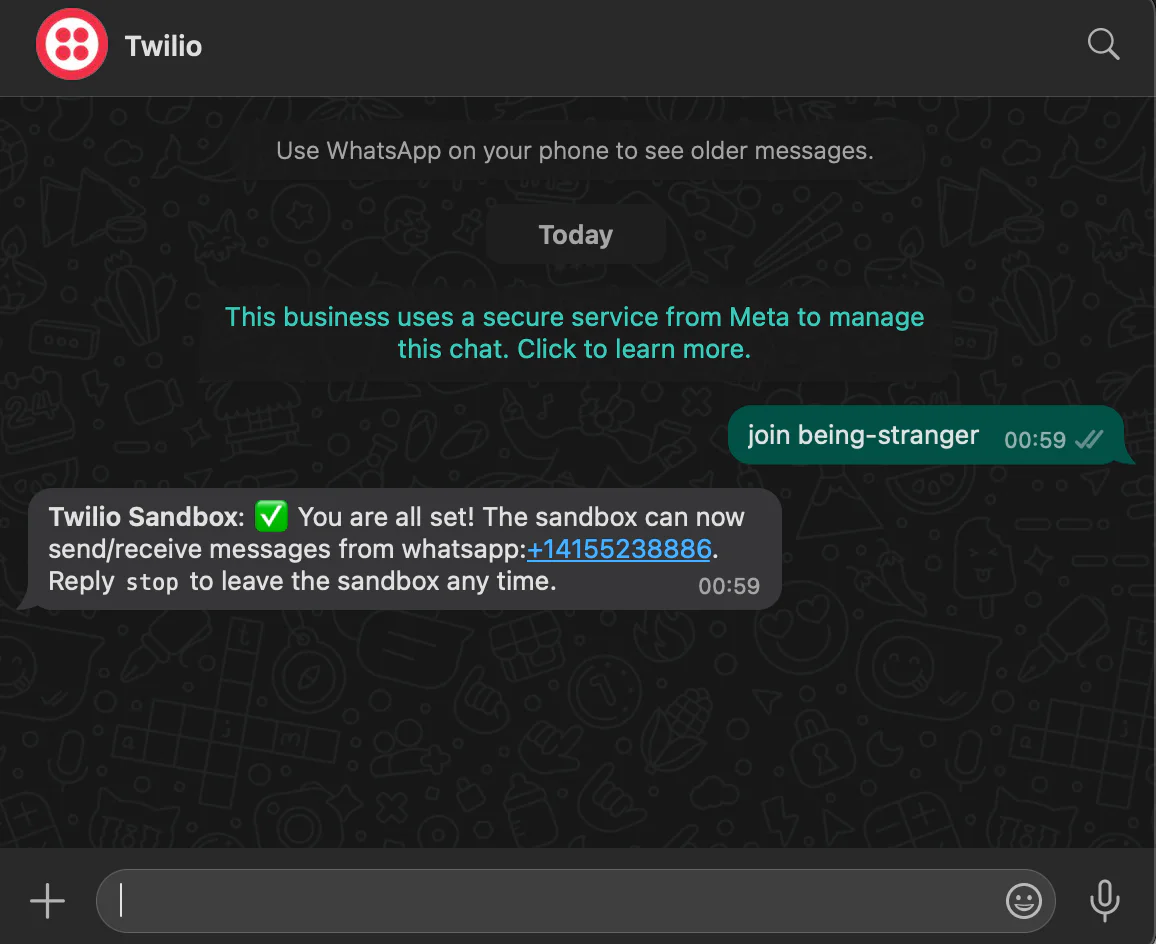 Twilio Sandbox confirmation message for WhatsApp integration displayed in a chat window. Twilio Sandbox confirmation message for WhatsApp integration displayed in a chat window.