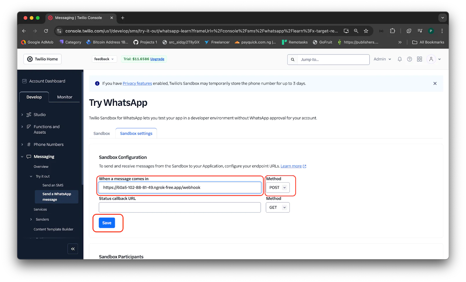 Screenshot of Twilio console showing WhatsApp Sandbox Configuration with fields for URL and methods, and Save button highlighted. Screenshot of Twilio console showing WhatsApp Sandbox Configuration with fields for URL and methods, and Save button highlighted.