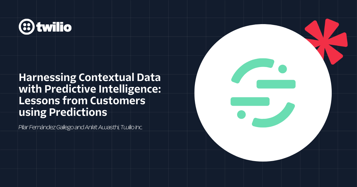 Twilio presentation slide on predictive intelligence in customer data with company logo and speaker names.