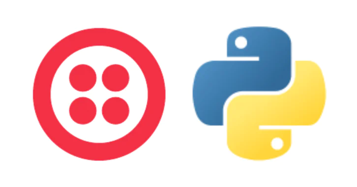 Python and Twilio Logos Side by Side Logos of Twilio (red circle with four dots) and Python (blue and yellow snake) side by side.