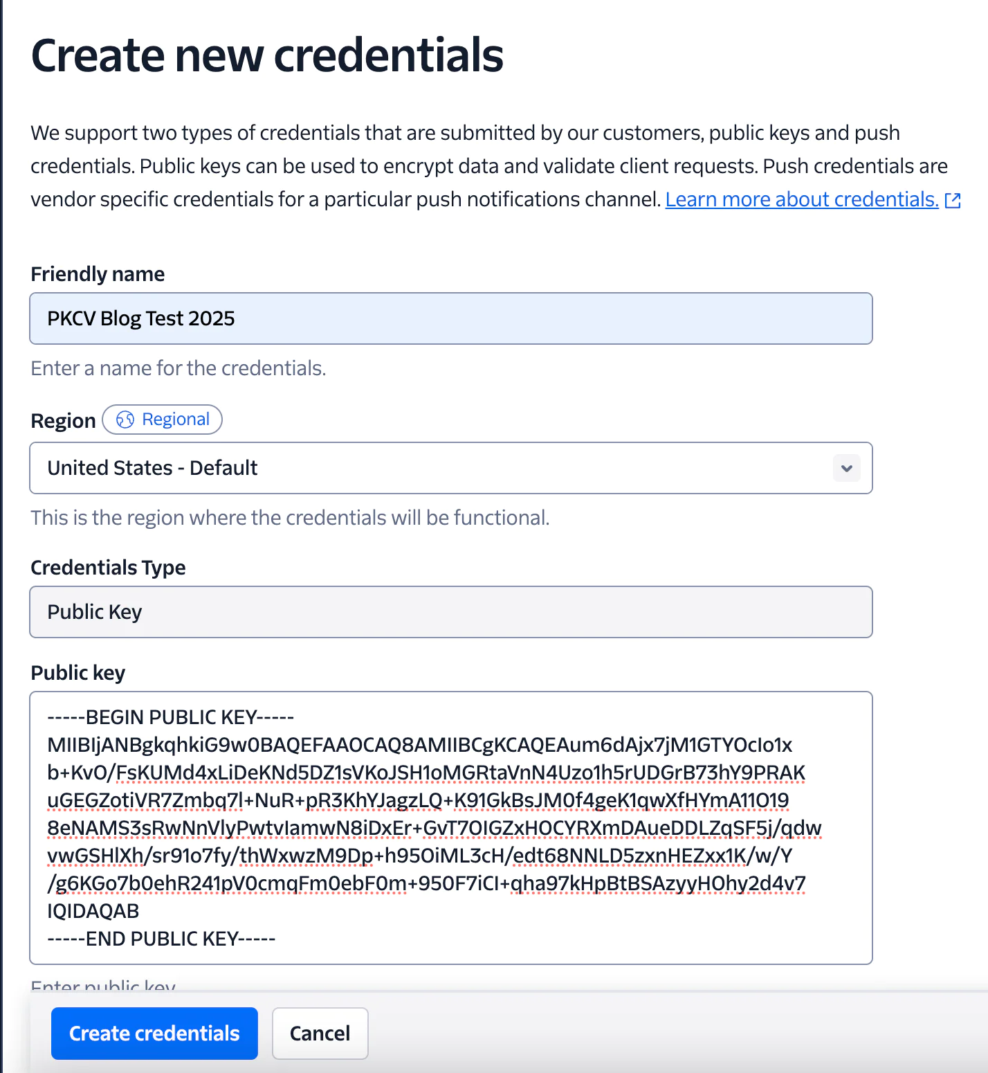 Creating New Credentials Form for creating new public key credentials with fields for Friendly Name, Region, and Public Key