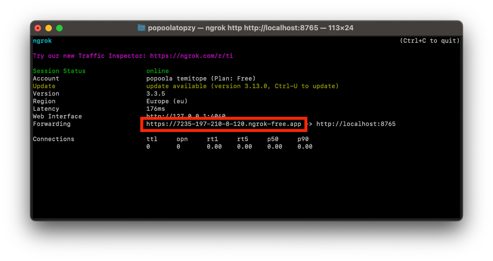 generating forwarding URL using Ngrok