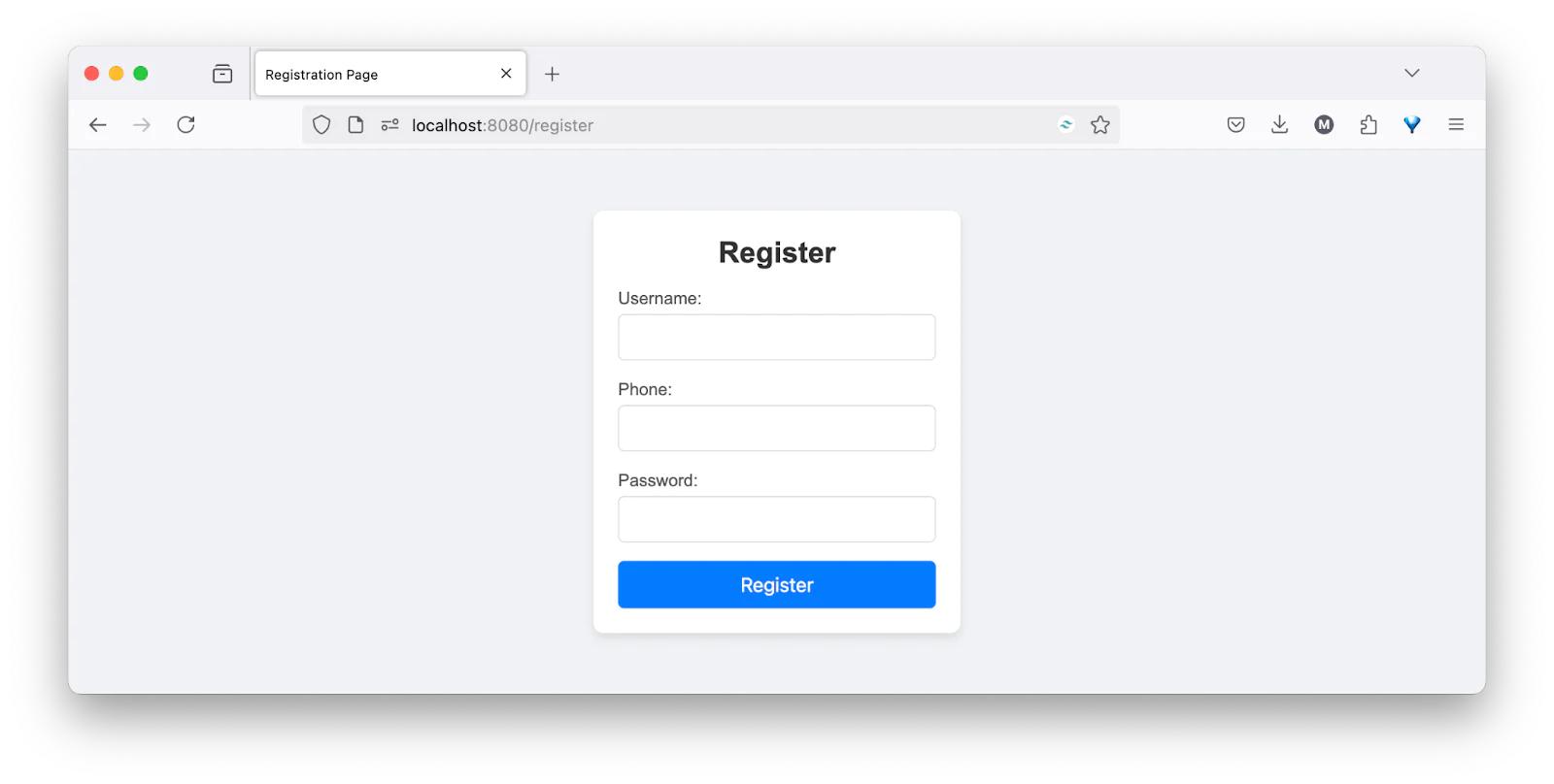 Screenshot of a registration form with fields for username, phone, and password, and a Register button. Screenshot of a registration form with fields for username, phone, and password, and a Register button.