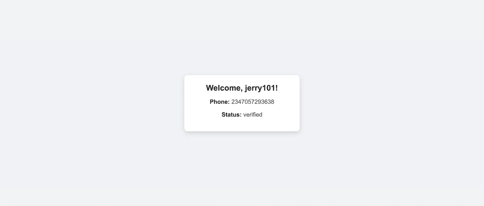 A welcome message for user jerry101, showing phone 2347057236368 and status as verified. A welcome message for user jerry101, showing phone 2347057236368 and status as verified.