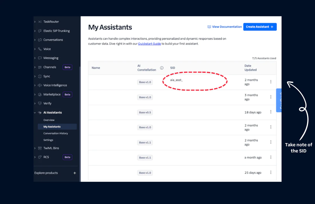Find the AI Assistants SID Find the AI Assistants SID