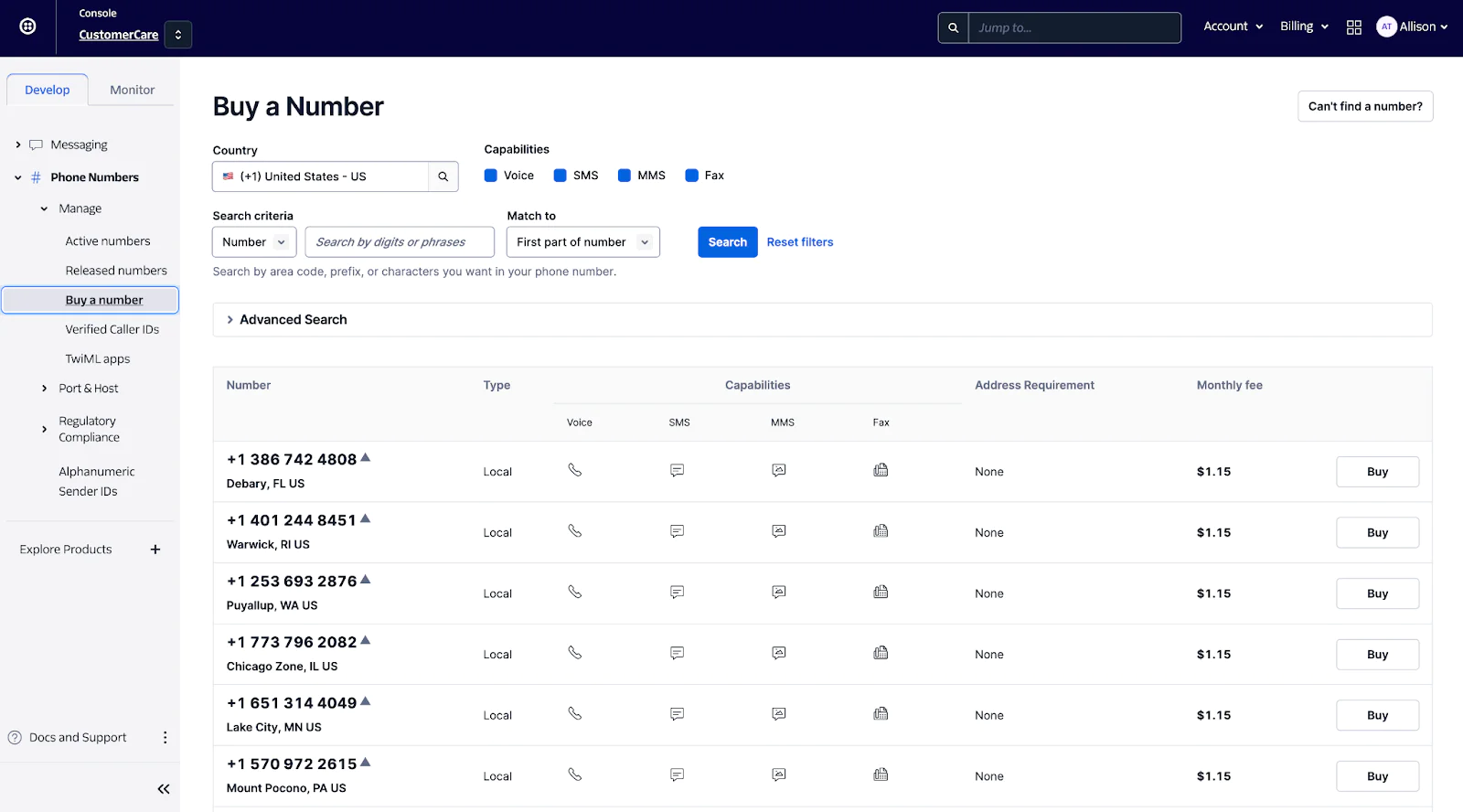 Twilio Buy a Number screen.