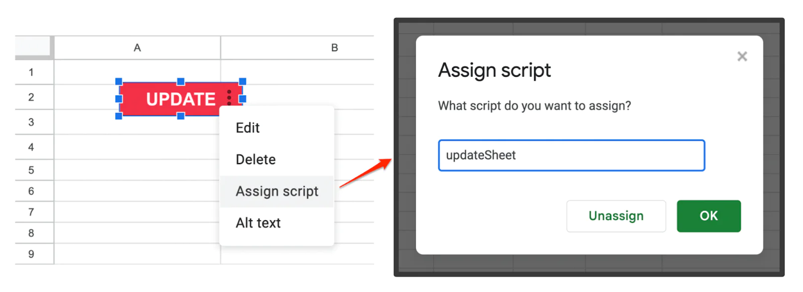 Assign a script to a Google Sheet button