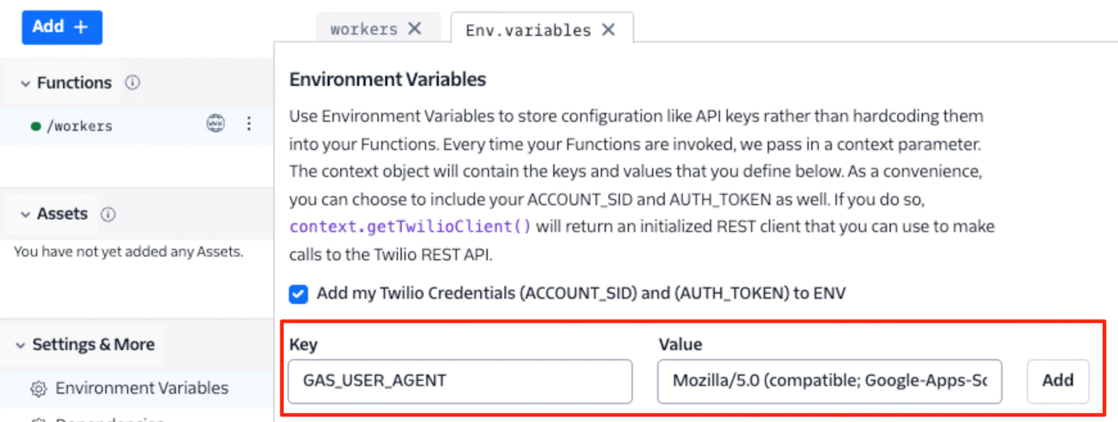 Set the user-agent variable in a Functions Environment Variable