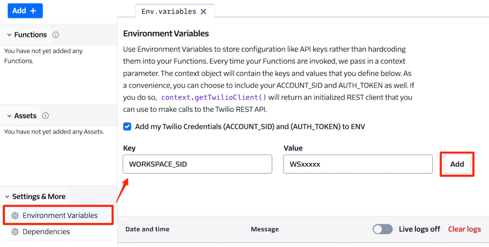 Set a Functions environment variable with your Workspace SID