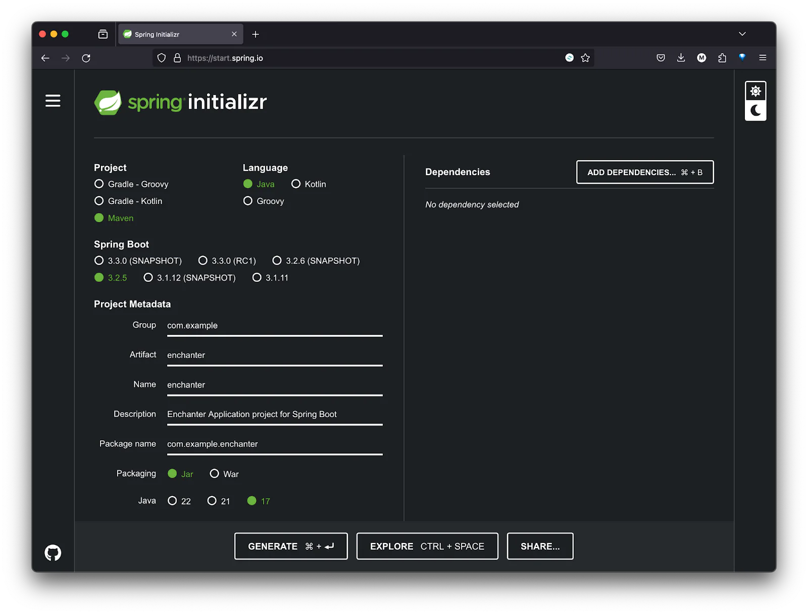 Screenshot of Spring Initializr web interface with project dependencies and metadata filled out. Initialising a spring boot project.