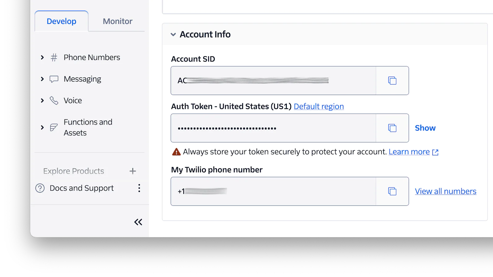 Screenshot of Twilio account info showing SID, auth token, and phone number. Screenshot of Twilio account info showing SID, auth token, and phone number.
