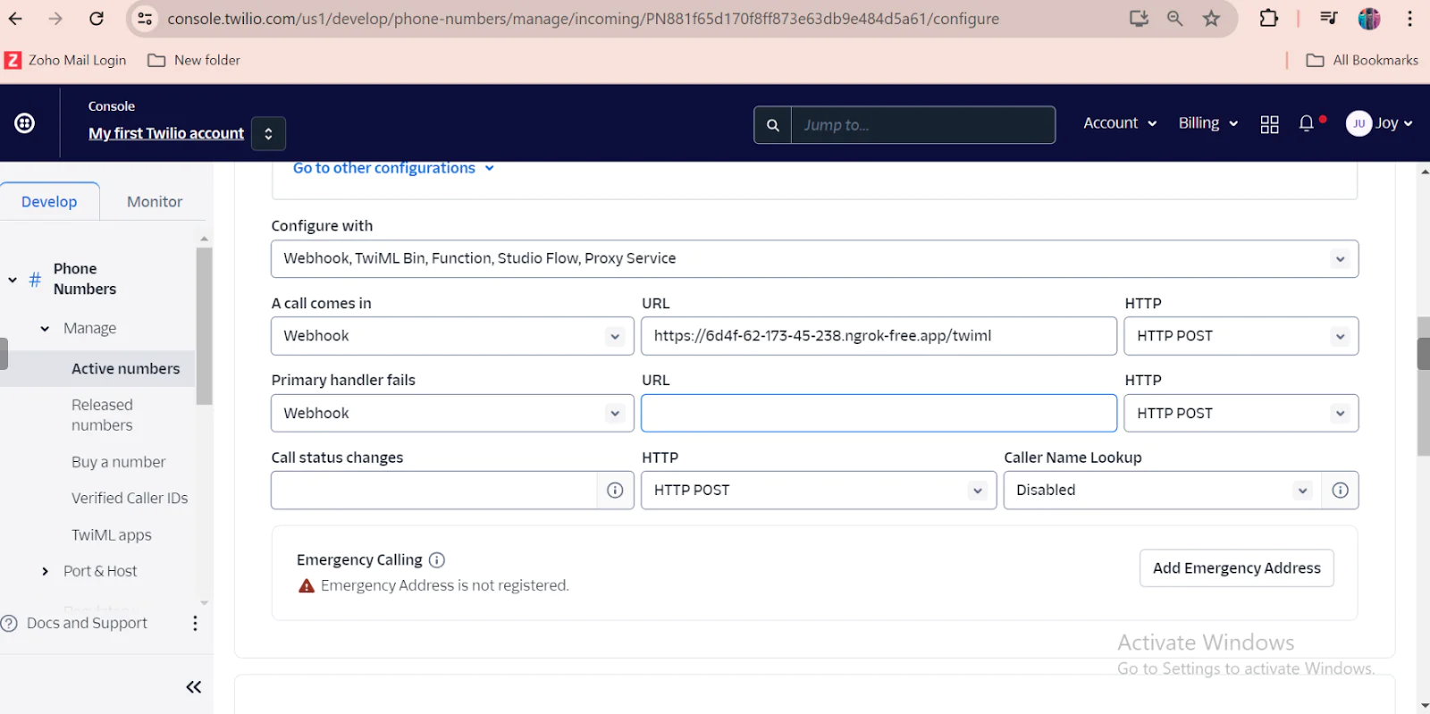 Screenshot of Twilio console showing phone numbers configuration with various webhook settings. Screenshot of Twilio console showing phone numbers configuration with various webhook settings.