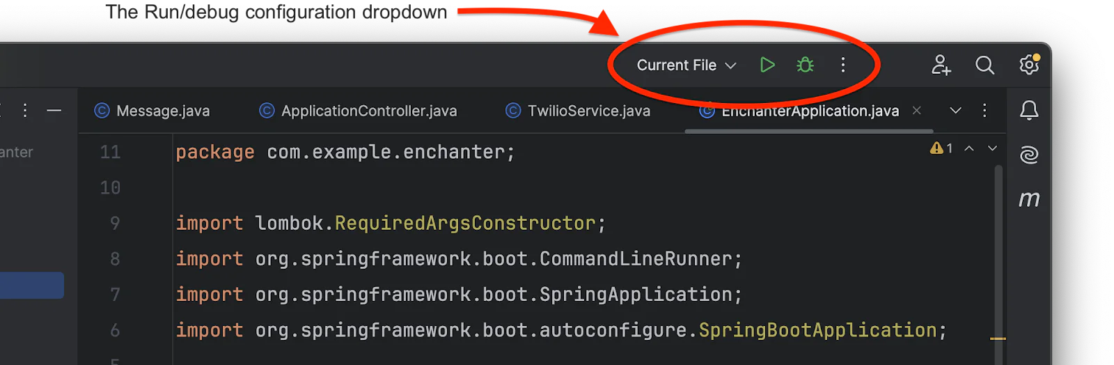 VS Code showing Java project files and the highlighted Run/Debug configuration dropdown set to Current File. VS Code showing Java project files and the highlighted Run/Debug configuration dropdown set to Current File.