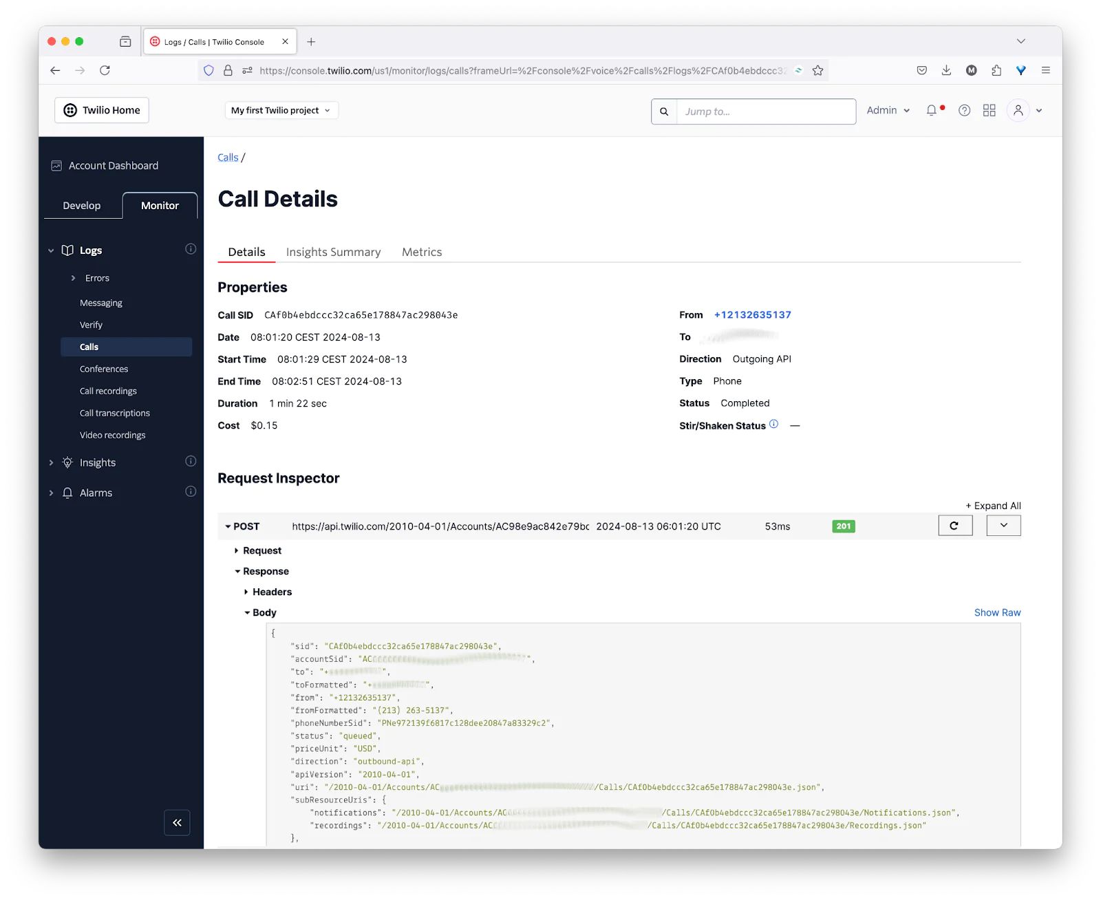 Screenshot of Twilio Call Details page, showing call properties and request inspector with HTTP POST details. Screenshot of Twilio Call Details page, showing call properties and request inspector with HTTP POST details.