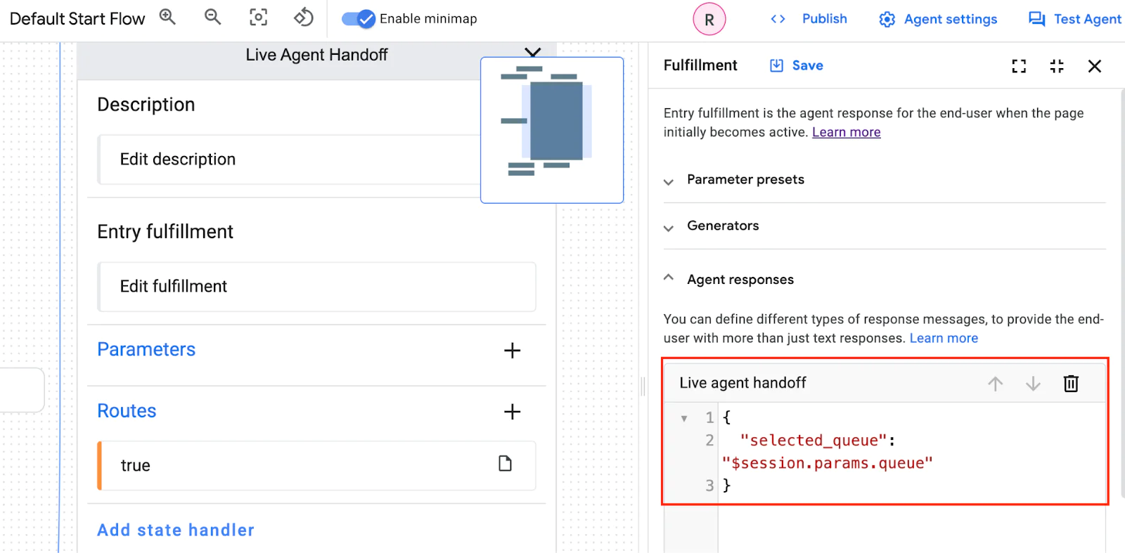 Define what parameters go back to Twilio Studio as a JSON document in the Live Agent Handoff field.