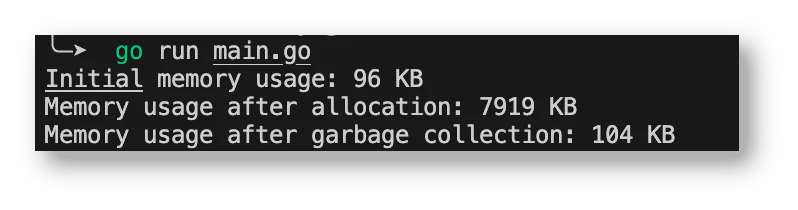 Terminal output displaying memory usage in a Go program before and after allocation and garbage collection. Terminal output displaying memory usage in a Go program before and after allocation and garbage collection.