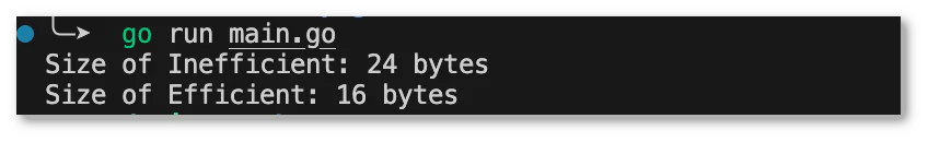 Terminal output of Go code showing Size of Inefficient Terminal output of Go code showing Size of Inefficient