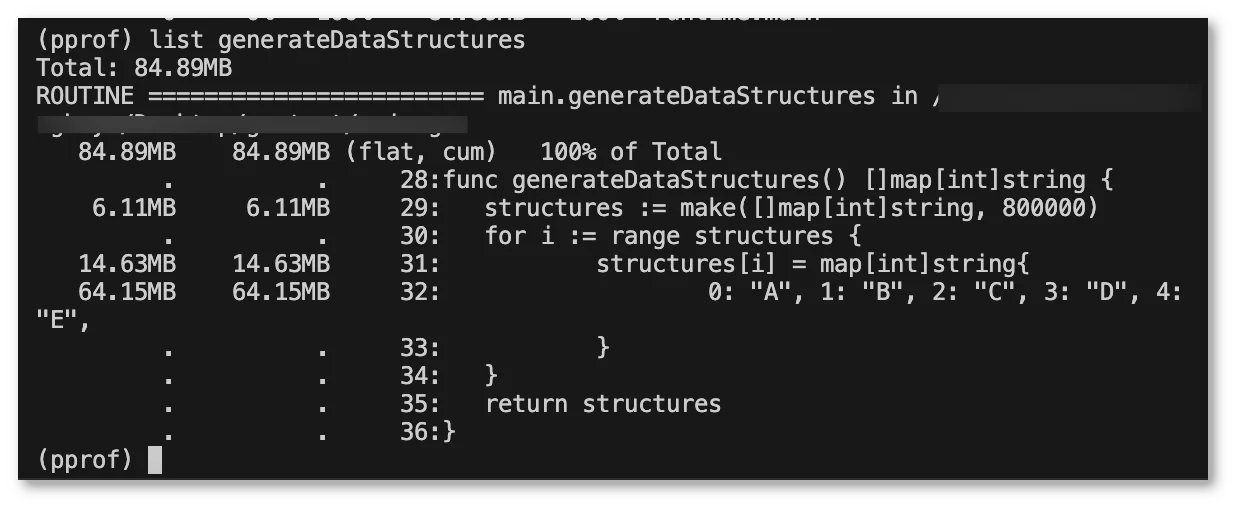 Black terminal screen showing memory usage of generateDataStructures function in a Go program. Black terminal screen showing memory usage of generateDataStructures function in a Go program.