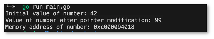 Terminal output showing initial and modified values of a number and its memory address in a Go program. Terminal output showing initial and modified values of a number and its memory address in a Go program.