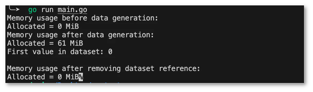 Screenshot of terminal showing memory allocation before and after data generation in a Go program. Screenshot of terminal showing memory allocation before and after data generation in a Go program.