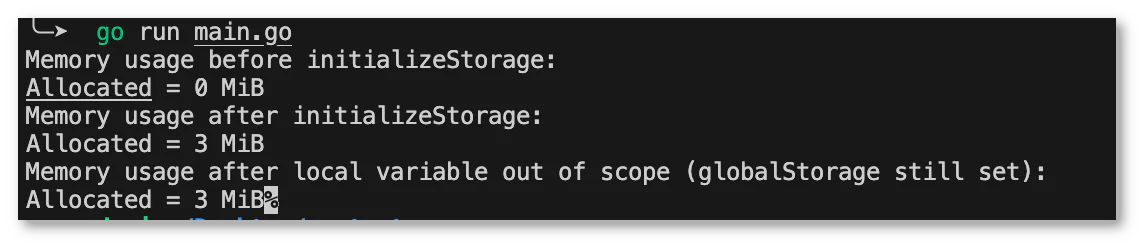 Terminal screenshot showing memory usage at different stages in a Go program. Terminal screenshot showing memory usage at different stages in a Go program.