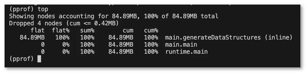 Profiling report showing memory usage distribution in a Go application with 'main.generateDataStructures'. Profiling report showing memory usage distribution in a Go application with 'main.generateDataStructures'.