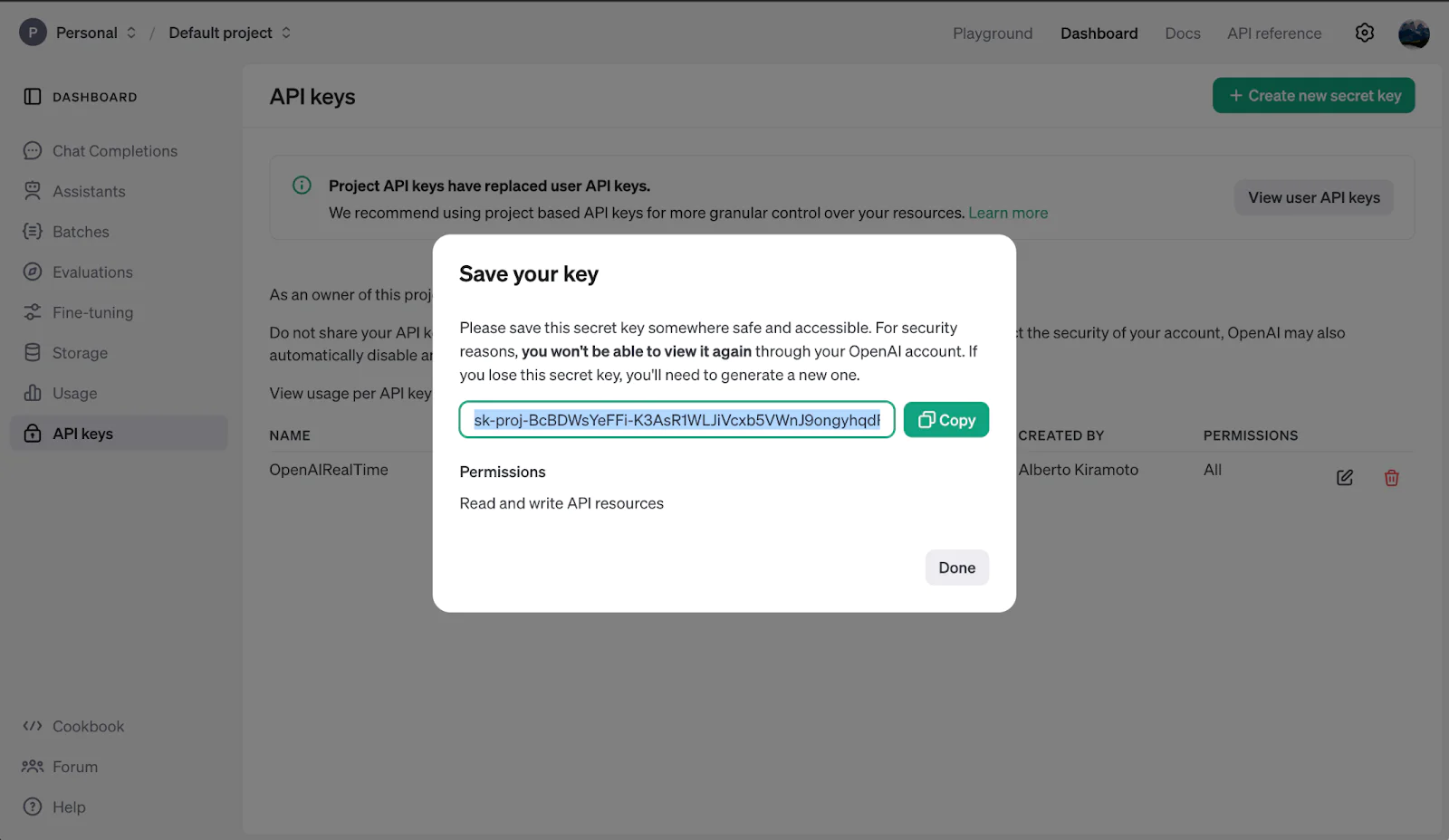 Create a new OpenAI API Key