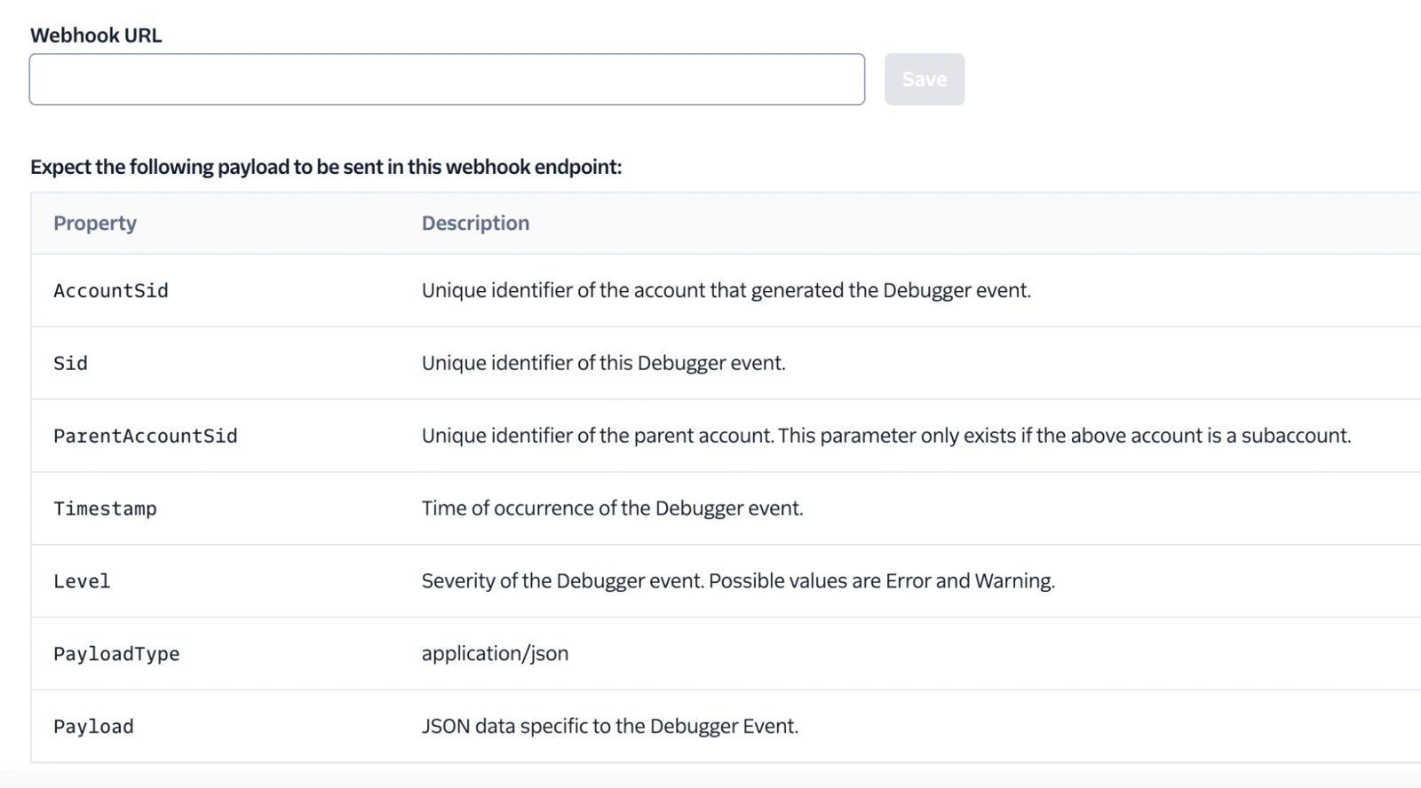 Twilio Webhook Endpoint Payload Example with Properties and Descriptions Screenshot showing webhook endpoint payload example with columns for property and description.