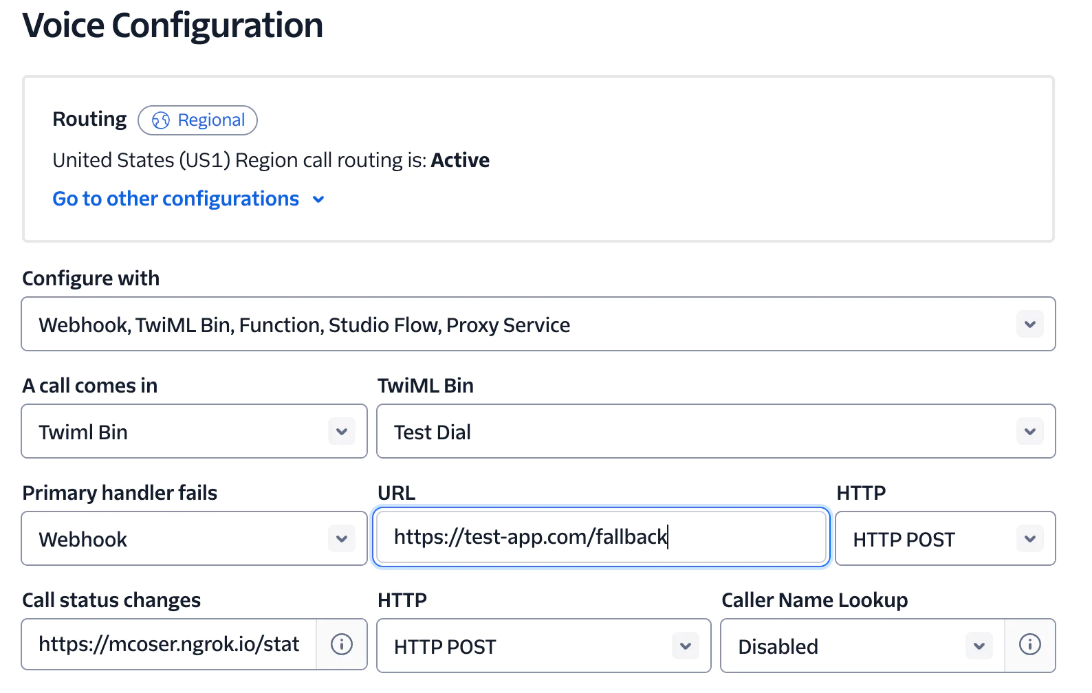Voice Configuration Settings for Regional Routing Screenshot of voice configuration settings showing various options for call handling and routing.