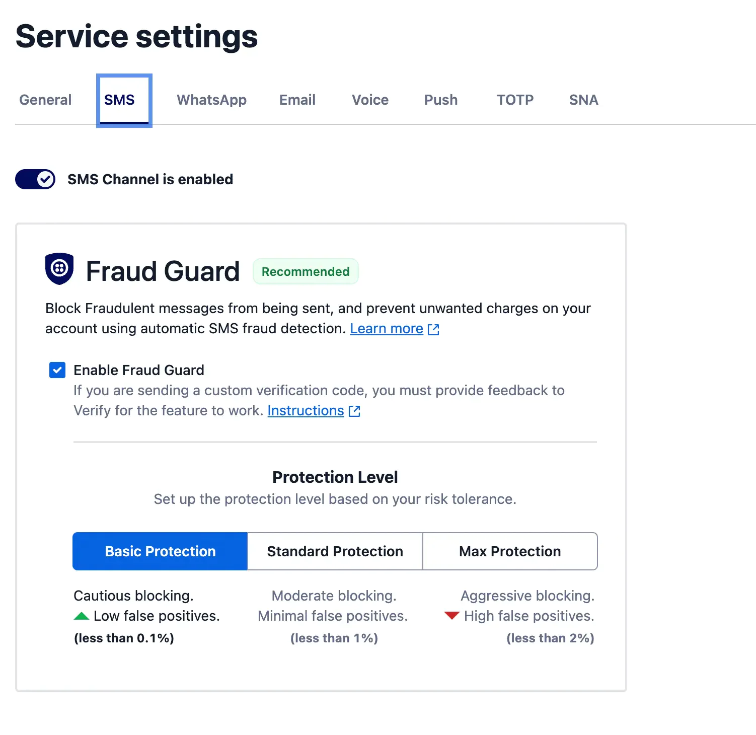 Twilio Fraud Guard Settings SMS Fraud Guard settings for Twilio Verify