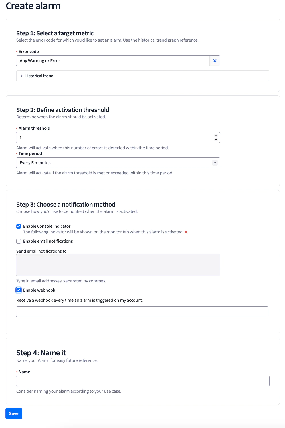 Setting Up an Error Monitoring Alarm in Twilio Console Interface for creating an alarm based on error codes with options to define threshold, notification, and name.