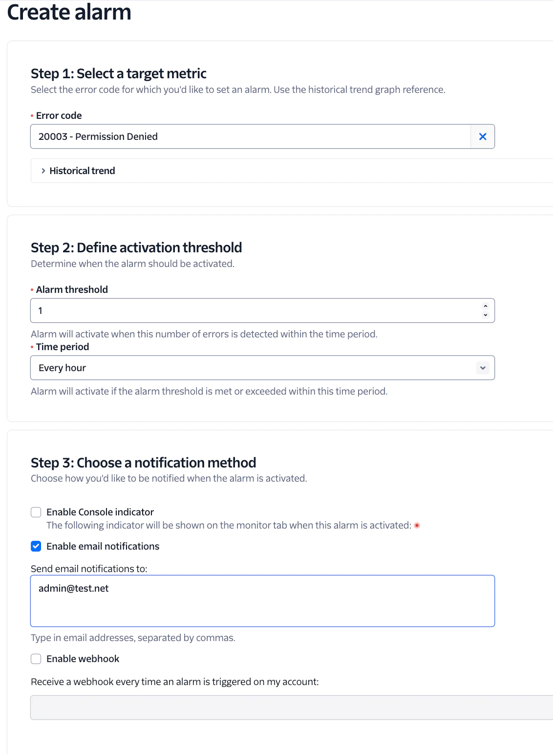 Setting Up an Alarm for Permission Denied Error in Twilio Configuration screen for creating an alarm when 20003-Permission Denied error code occurs.