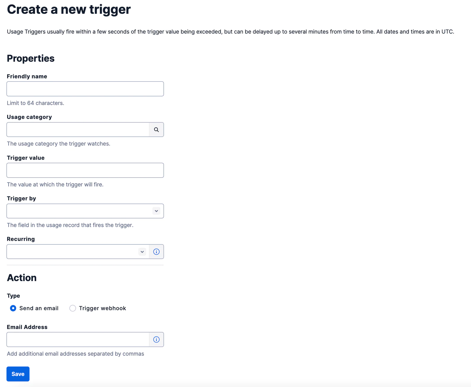 Form to Create and Configure a New Trigger on Twilio Interface for setting up a new trigger with fields for name, category, value, conditions, and actions.