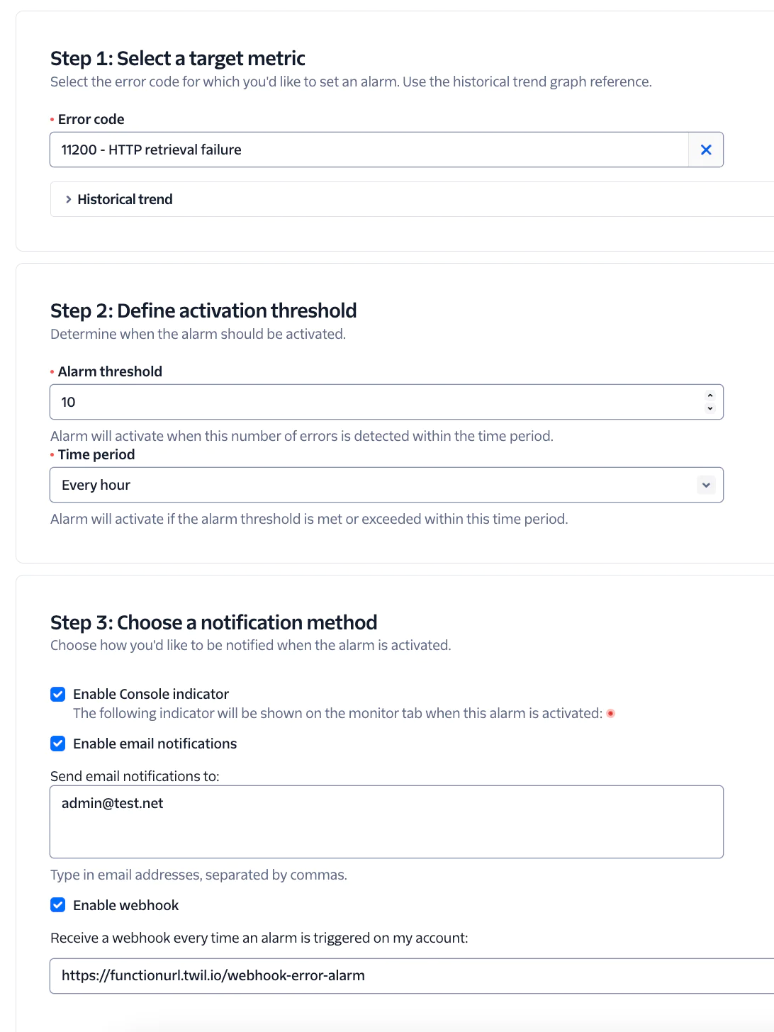 Configuring an Alarm Notification for HTTP Retrieval Failures Image showing steps to set a target metric, activation threshold, and notification method for an alarm system.