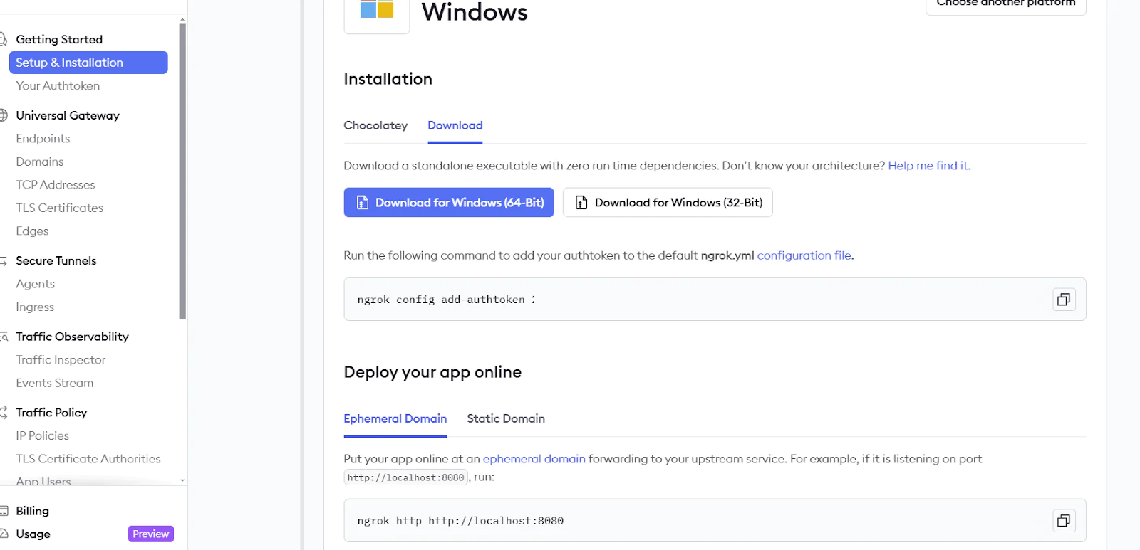 Screenshot of Windows installation steps with download options for 64-bit and 32-bit versions. Ngrok installation