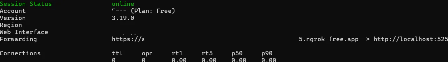 Ngrok terminal shows session status online, account free, version 3.19.0, and connection metrics ngrok generated URL