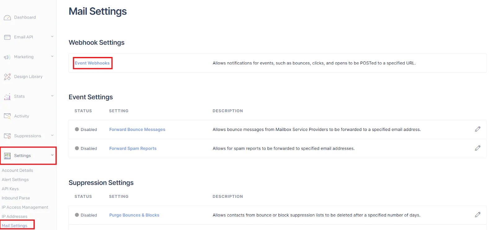 Email interface showing mail settings, including webhook, event settings, and suppression settings. Navigate to event webhooks