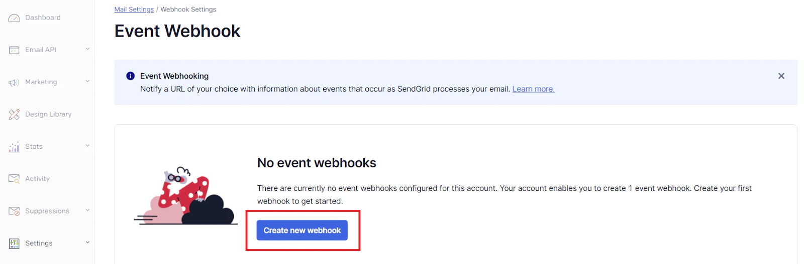 Interface showing option to create new event webhook with a large button labeled Create new webhook. Create new webhook